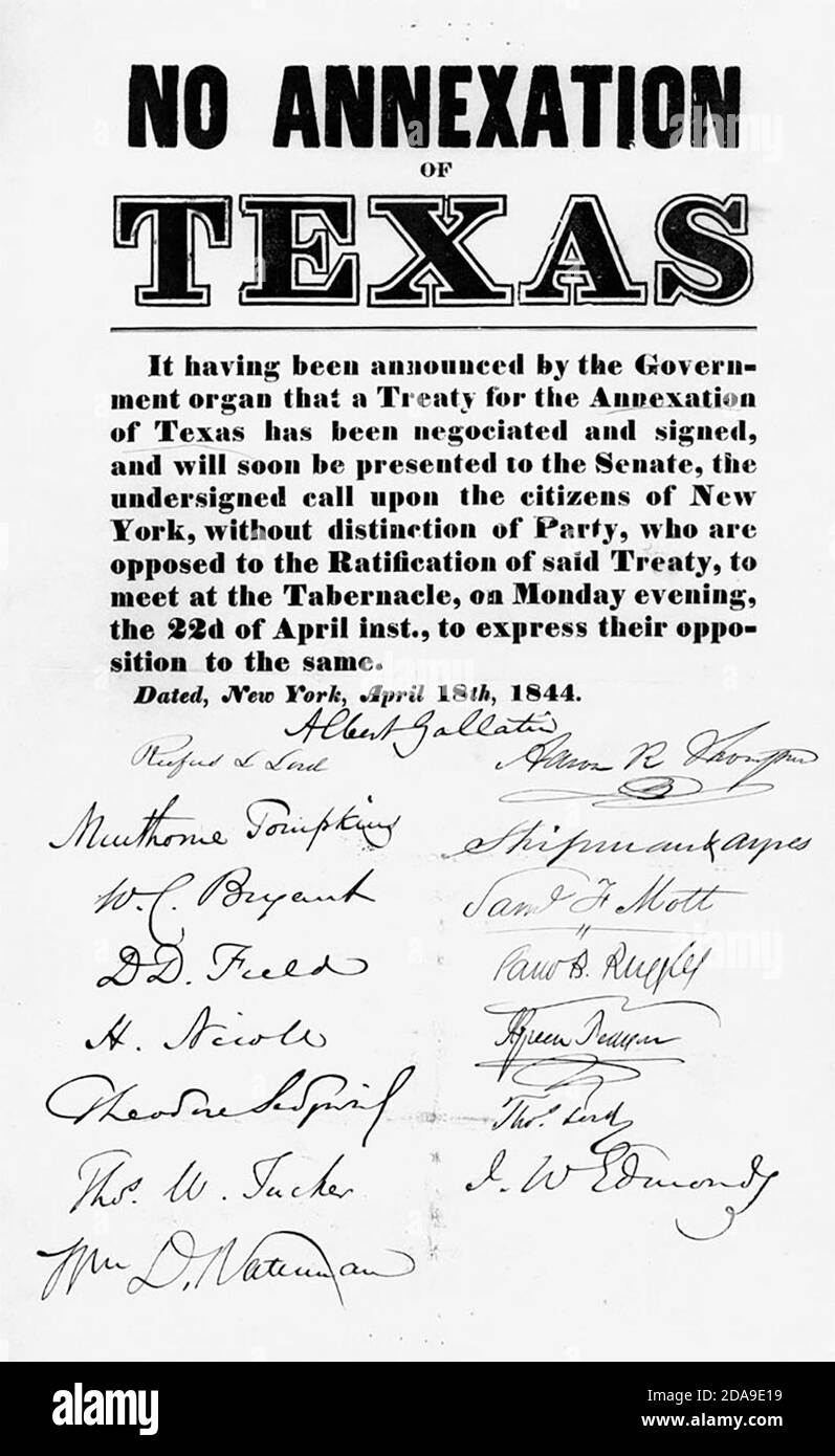 Anti-annexation poster, New York City, April 1844. Albert Gallatin (signature on poster), Thomas Jefferson's Treasury Secretary presided over the event. Stock Photo