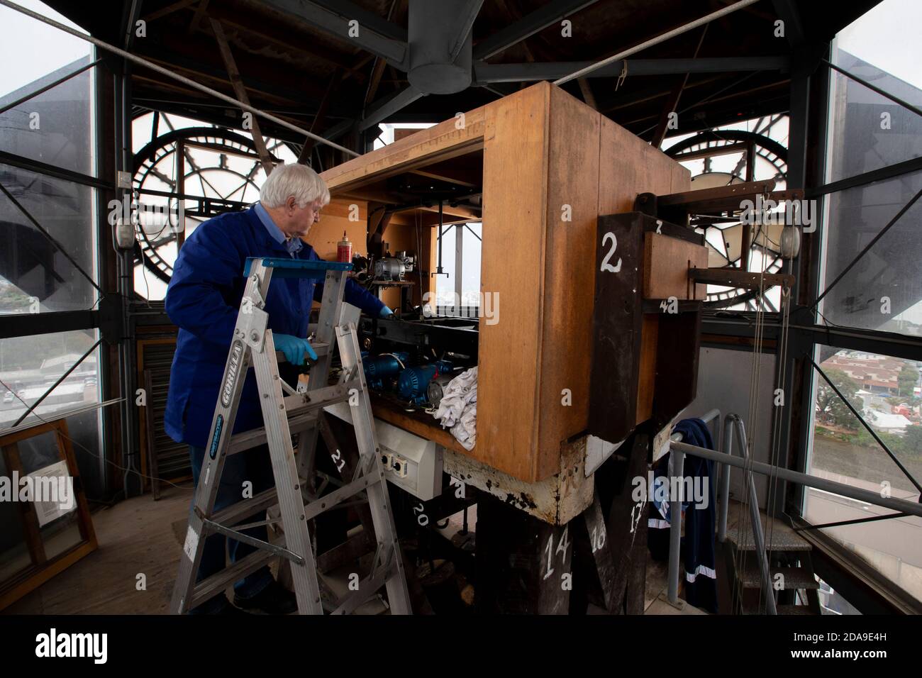 Horologist John Rogers overhauling the clock in Civic House, Nelson, New Zealand Stock Photo