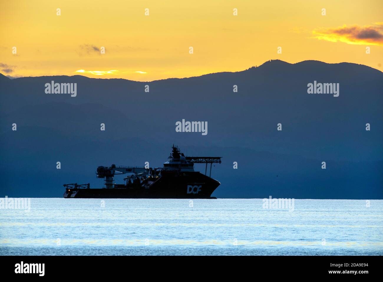 Oil service vessel in Tasman Bay, New Zealand Stock Photo