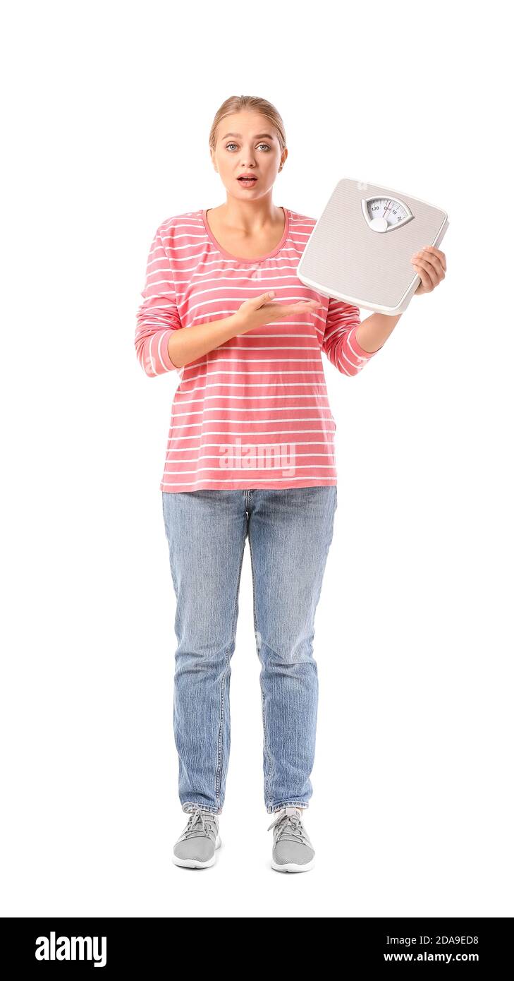 Woman with sudden weight loss problem on white background. Diabetes