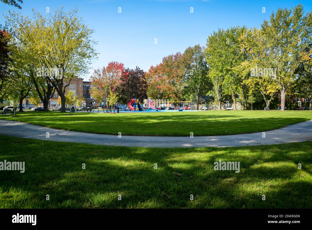 Large set of games for disabled child in a city park Stock Photo