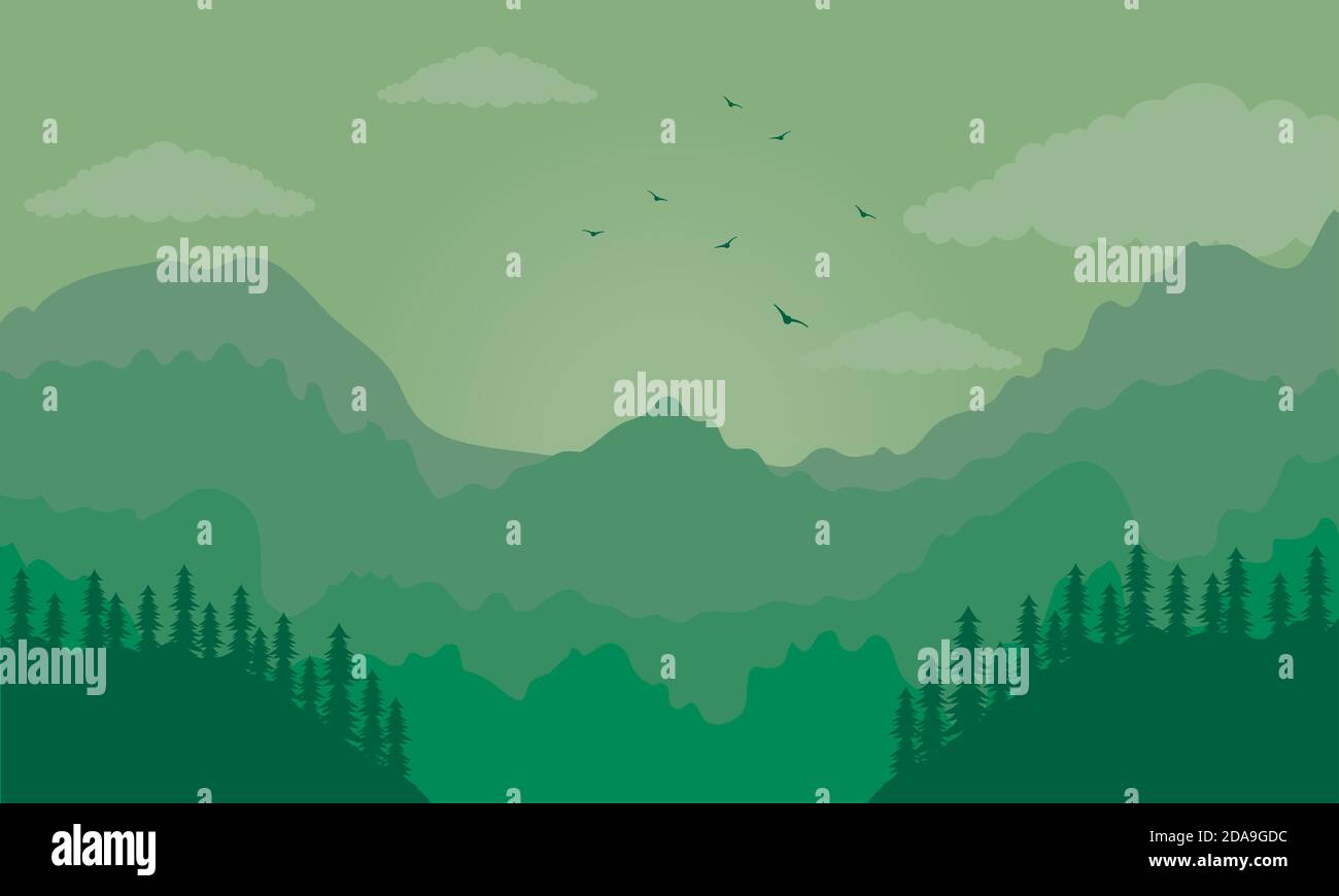 beautiful landscape green scene with mountains and trees vector ...