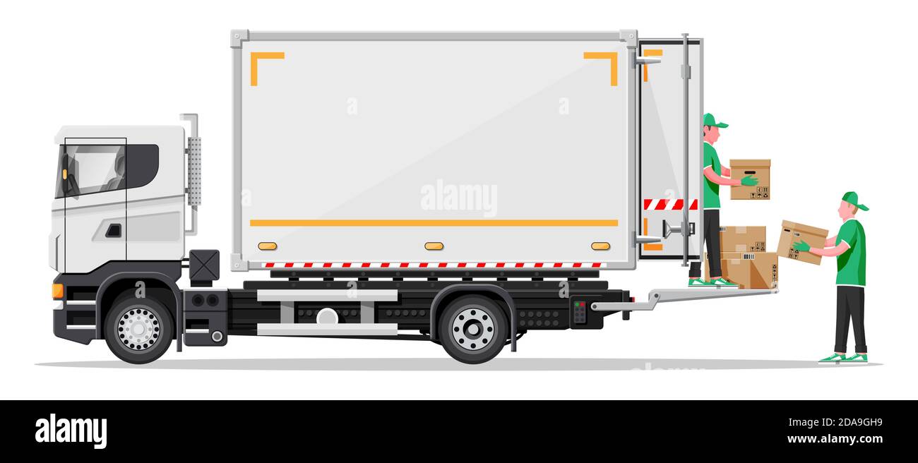 Truck trailer loaded with cardboard boxes by movers. Delivery van with pile of boxes. Express delivering services commercial truck. Fast and free delivery. Cargo logistic. Flat vector illustration Stock Vector