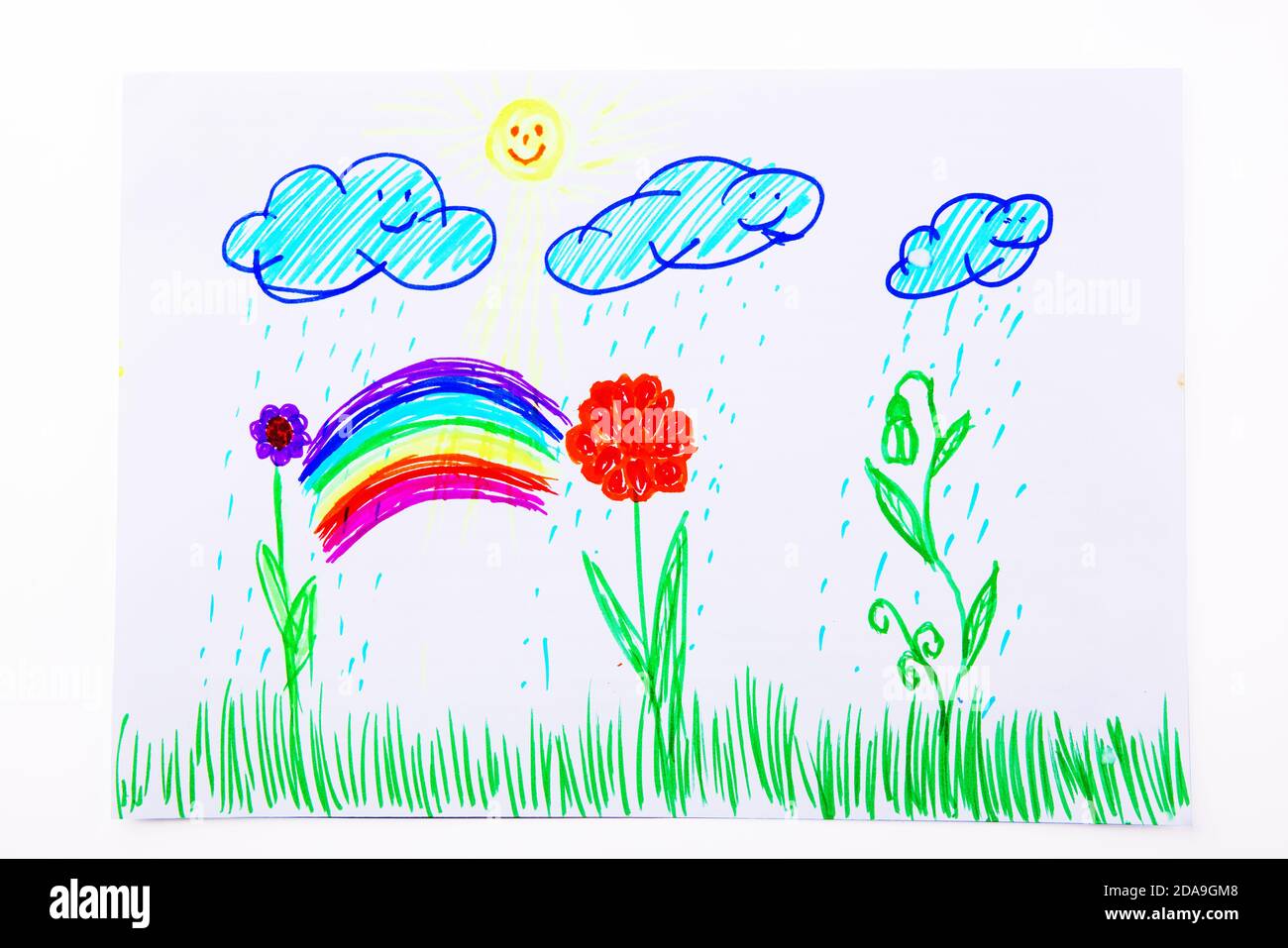 Kids drawing flowers, sun, rainbow. Multicolored symbols set for kindergarten, school. Children pattern. Stock Photo