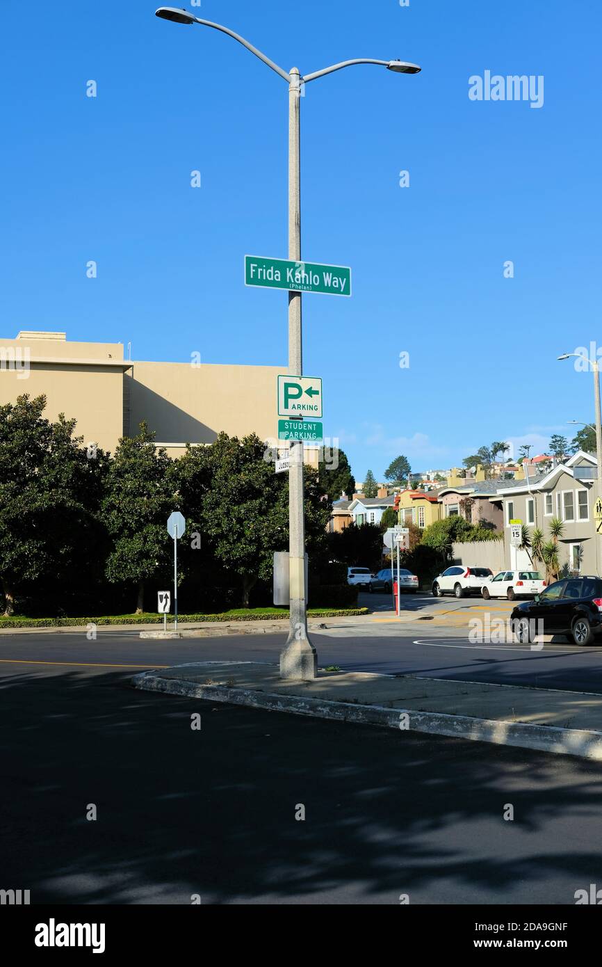 Frida Kahlo Way street sign (formerly Phelan Avenue) in San Francisco, California, USA; Kahlo lived in the city in the 1930s with husband Diego Rivera Stock Photo