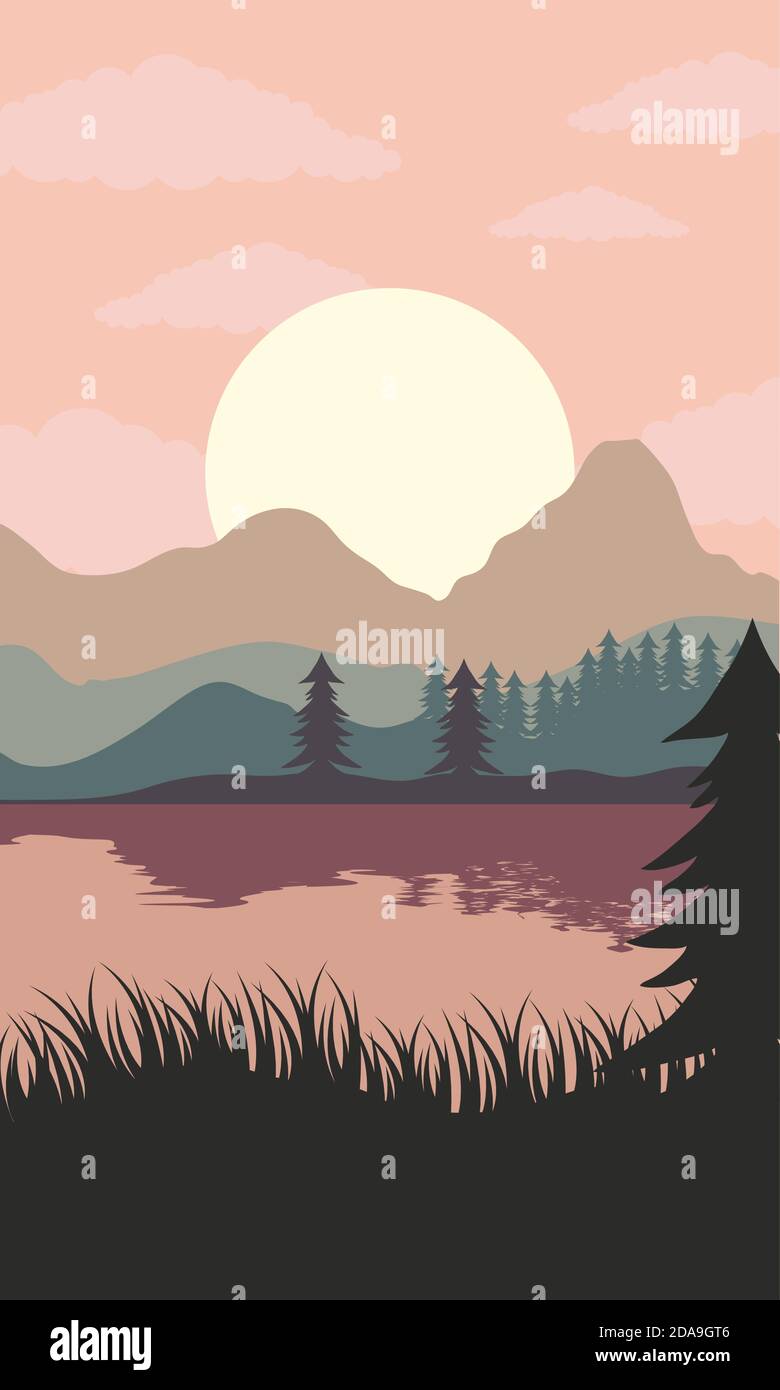 beautiful landscape sunset scene with lake and forest vector ...