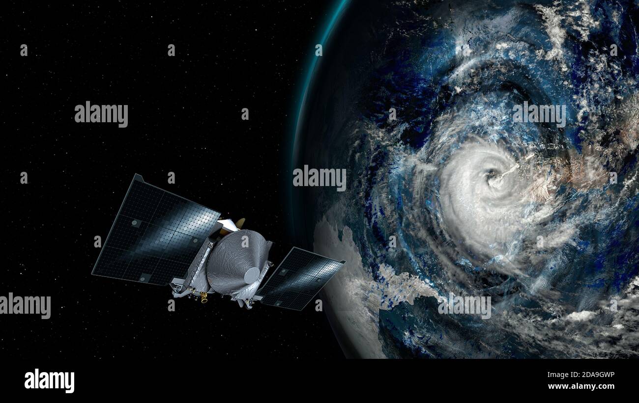 Super Typhoon, strongest storm on Earth. Collage with hurricane, satellite view with spaceship. Elements of this image furnished by NASA. Stock Photo