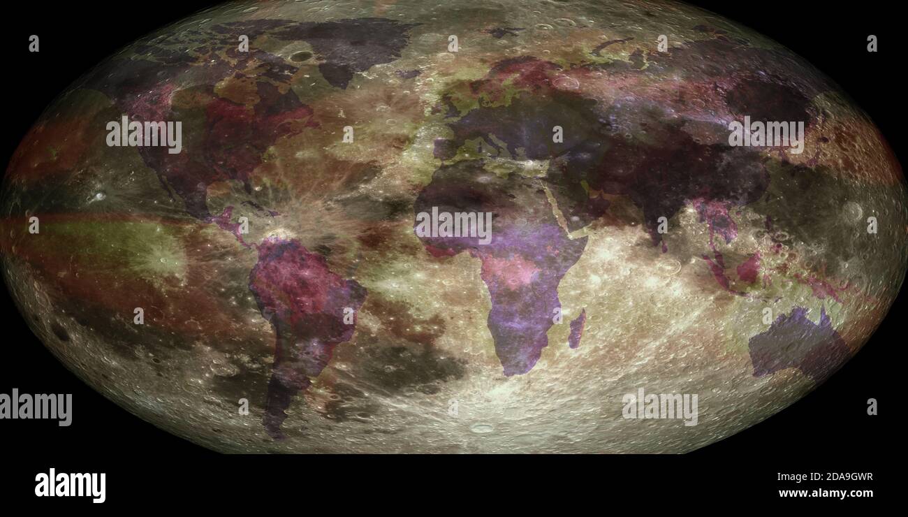 World map projection of the onto the surface of the moon, concept of dividing the moon between countries for research and development. Elements of thi Stock Photo