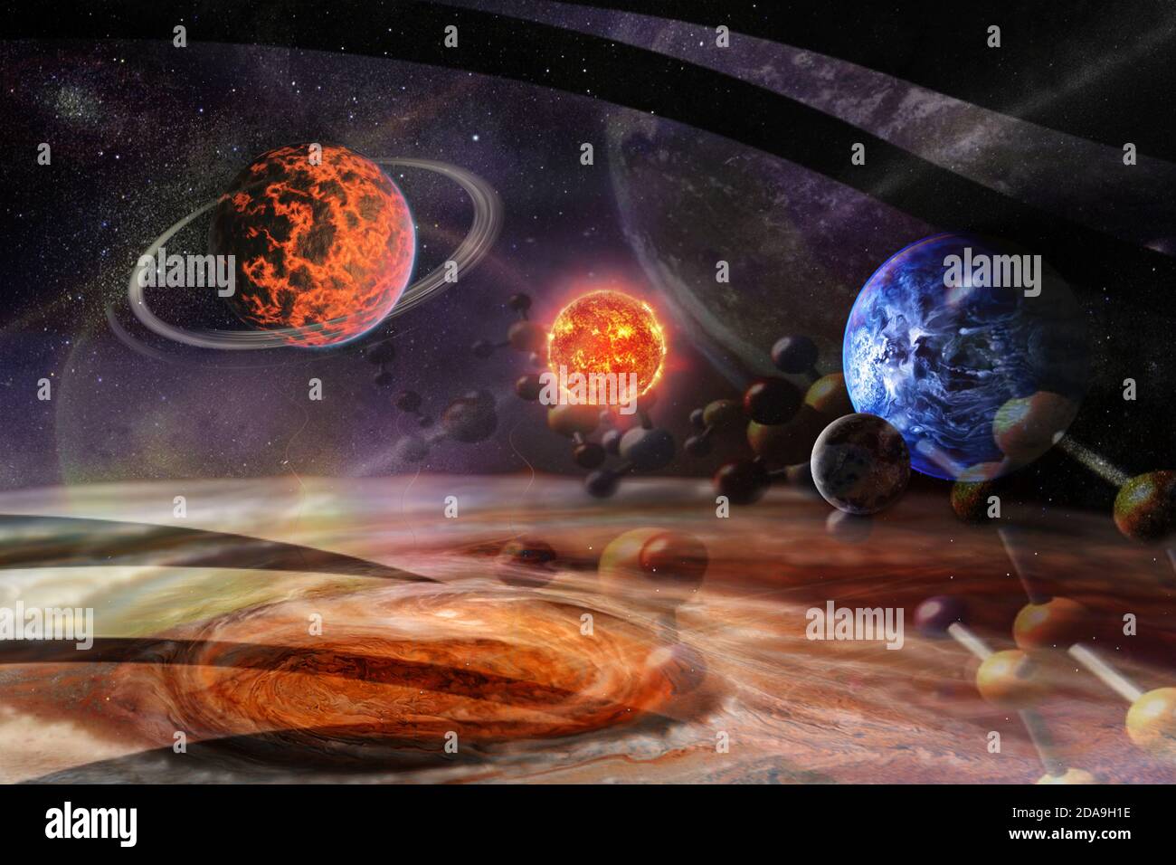 Particles of DNA strands flying through space to planets. Concept of the origin of life. Elements of this image furnished by NASA. Stock Photo