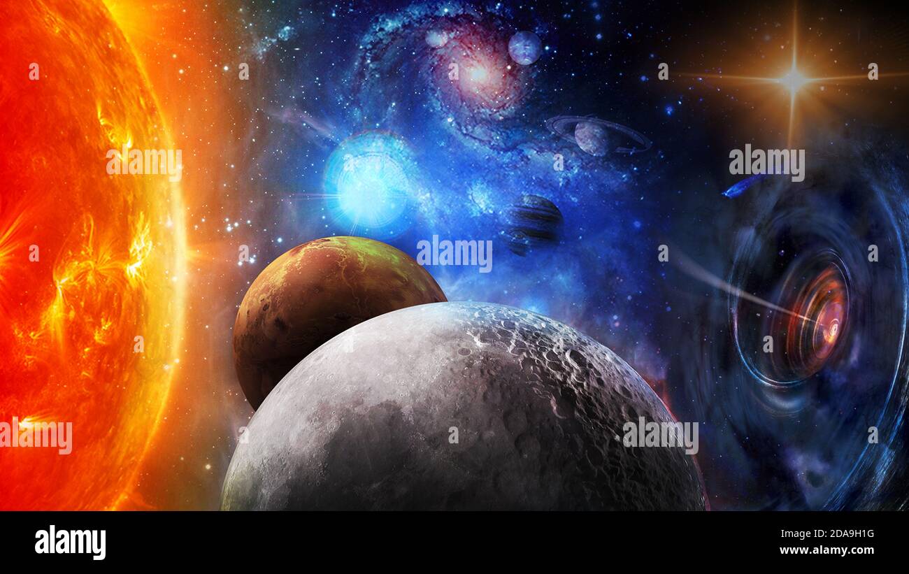 The sun, black hole and planets in space. Elements of this image furnished by NASA. Stock Photo