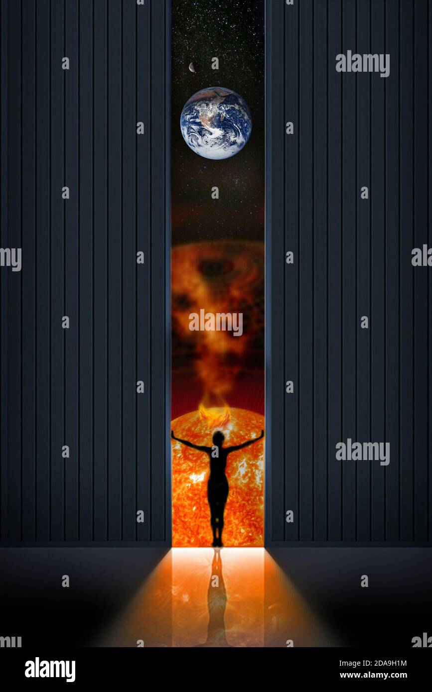 Open door to space. View from inside of the room to the sun and planet Earth. Concept of space exploration and discovery. Elements of this image furni Stock Photo