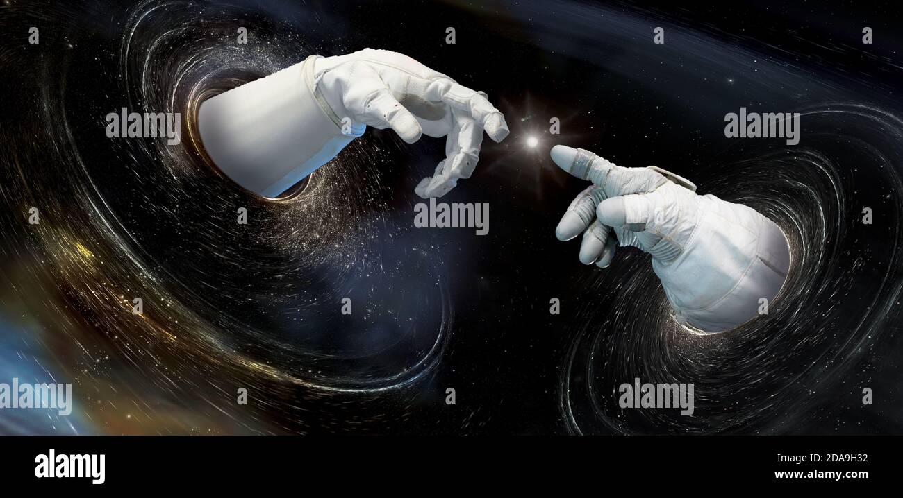 Close up of human hands touching with fingers in space. Concept of life creation. Elements of this image furnished by NASA. Stock Photo