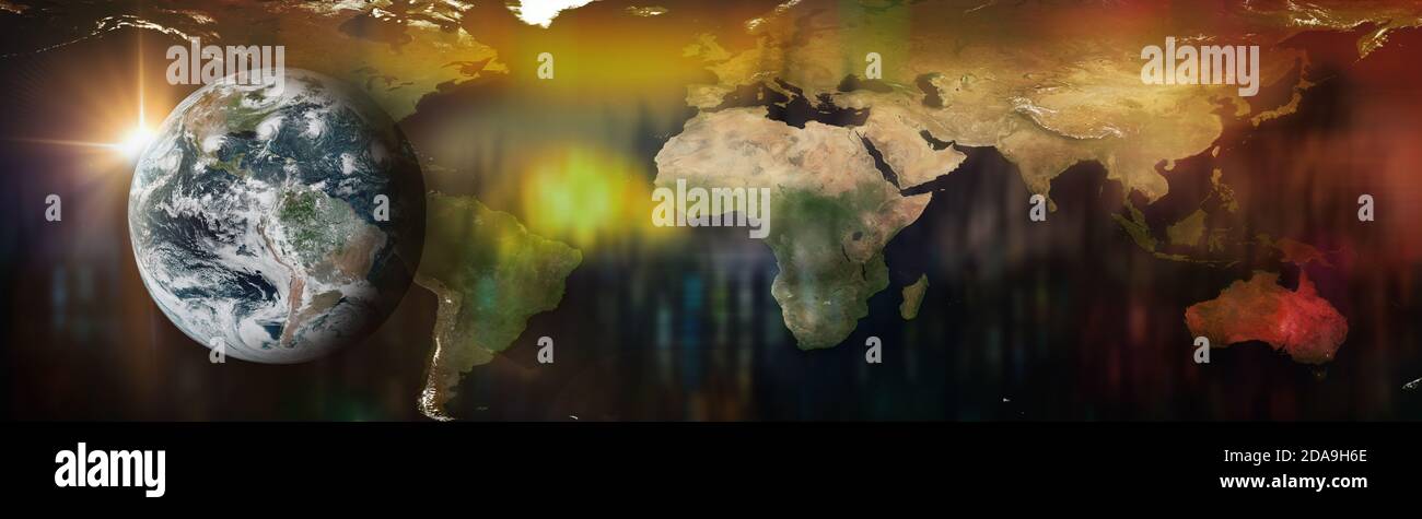 Planet Earth on the background of blurred lights of the city and world map. Concept on business, politics, ecology and media. Earth day abstract backg Stock Photo