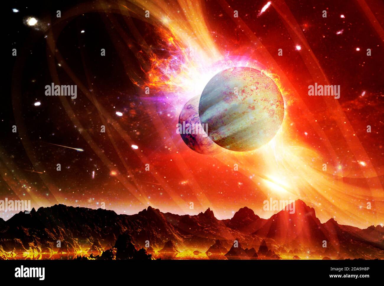 Fantasy landscape of alien planet. Sci-fi wallpaper. Elements of this image furnished by NASA. Stock Photo