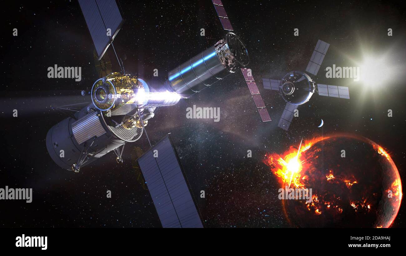 Spaceships near the sun, space travel concept. Elements of this image furnished by NASA. Stock Photo