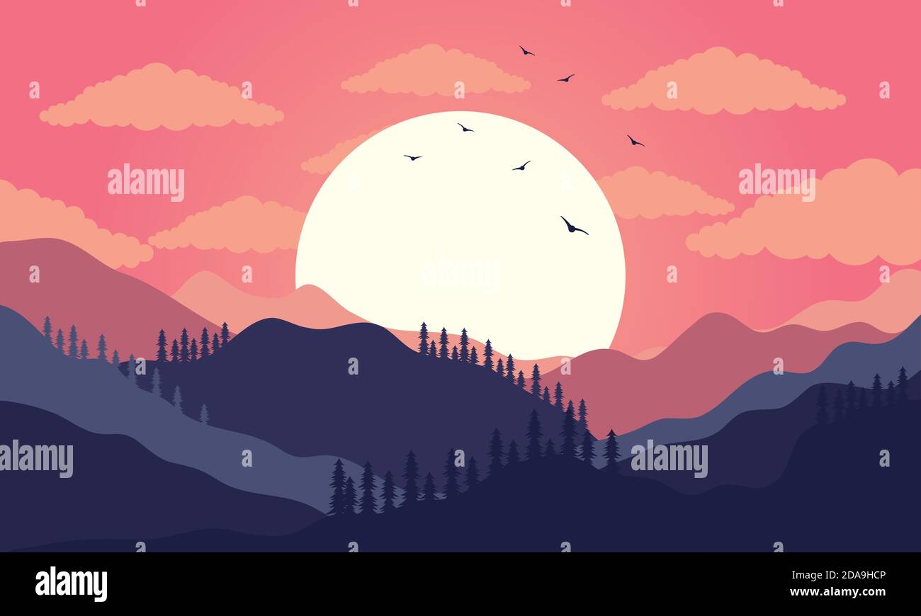 beautiful landscape sunset scene with mountains vector illustration ...