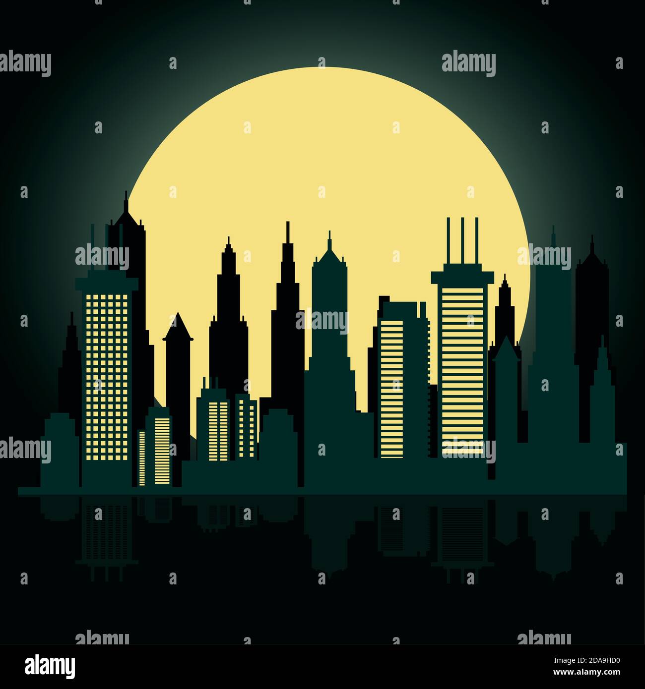 cityscape skyline at night scene with fullmoon vector illustration ...