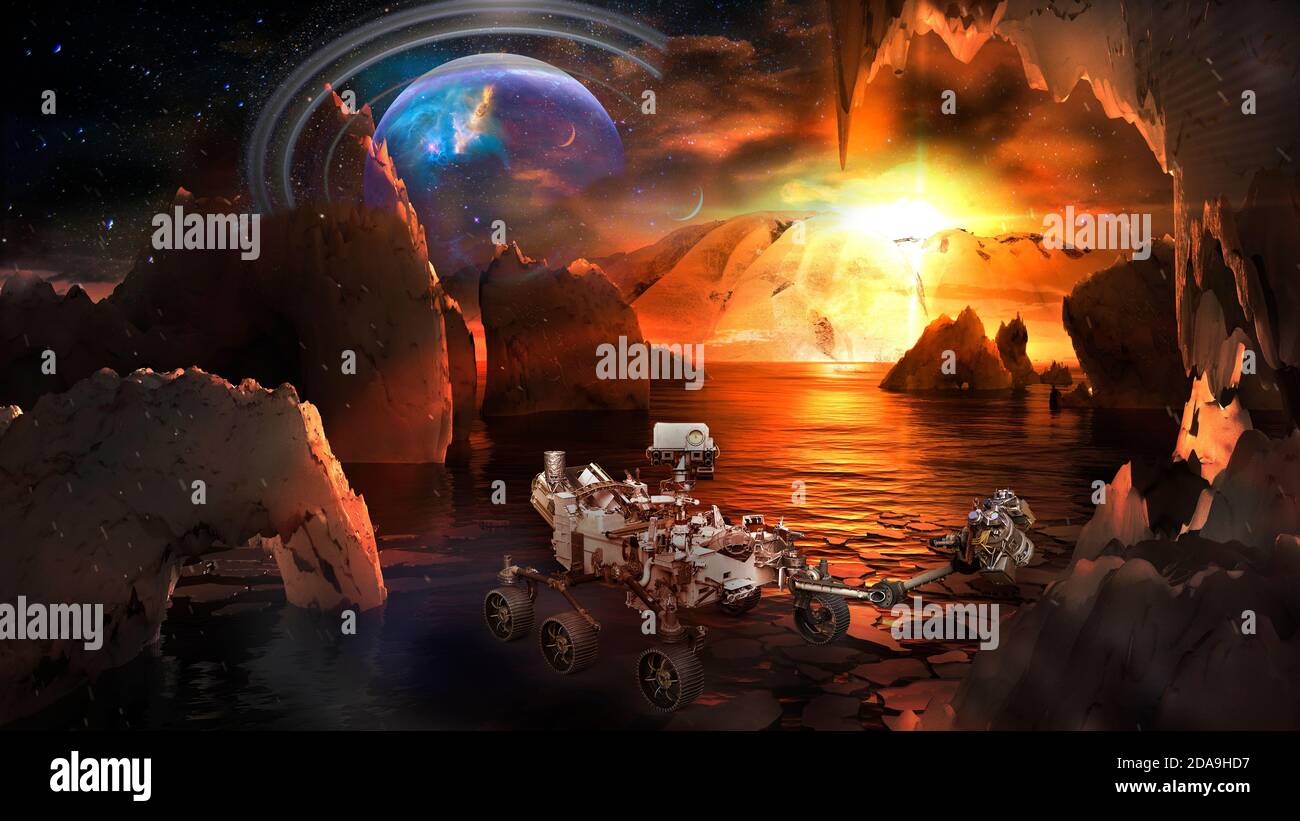 Mission to alien distant planet. Rover on an extraterrestrial landscape with bizarre mountains and sea with planetary moons in space. Elements of this Stock Photo