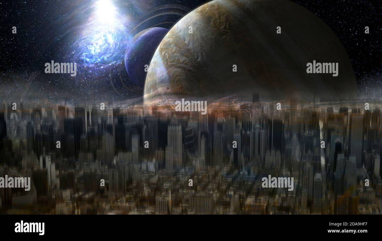 Ghostly, illusory city on an alien planet. Elements of this image furnished by NASA. Stock Photo