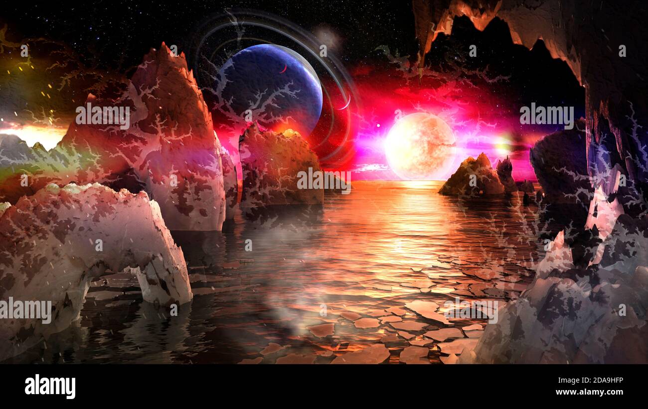 Alien planet landscape with bizarre mountains and many moons and planets in the sky. Elements of this image furnished by NASA. Stock Photo