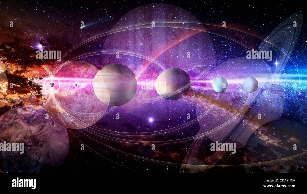Dream of space concept. Collage of planets and galaxy in a starry sky. Elements of this image furnished by NASA. Stock Photo