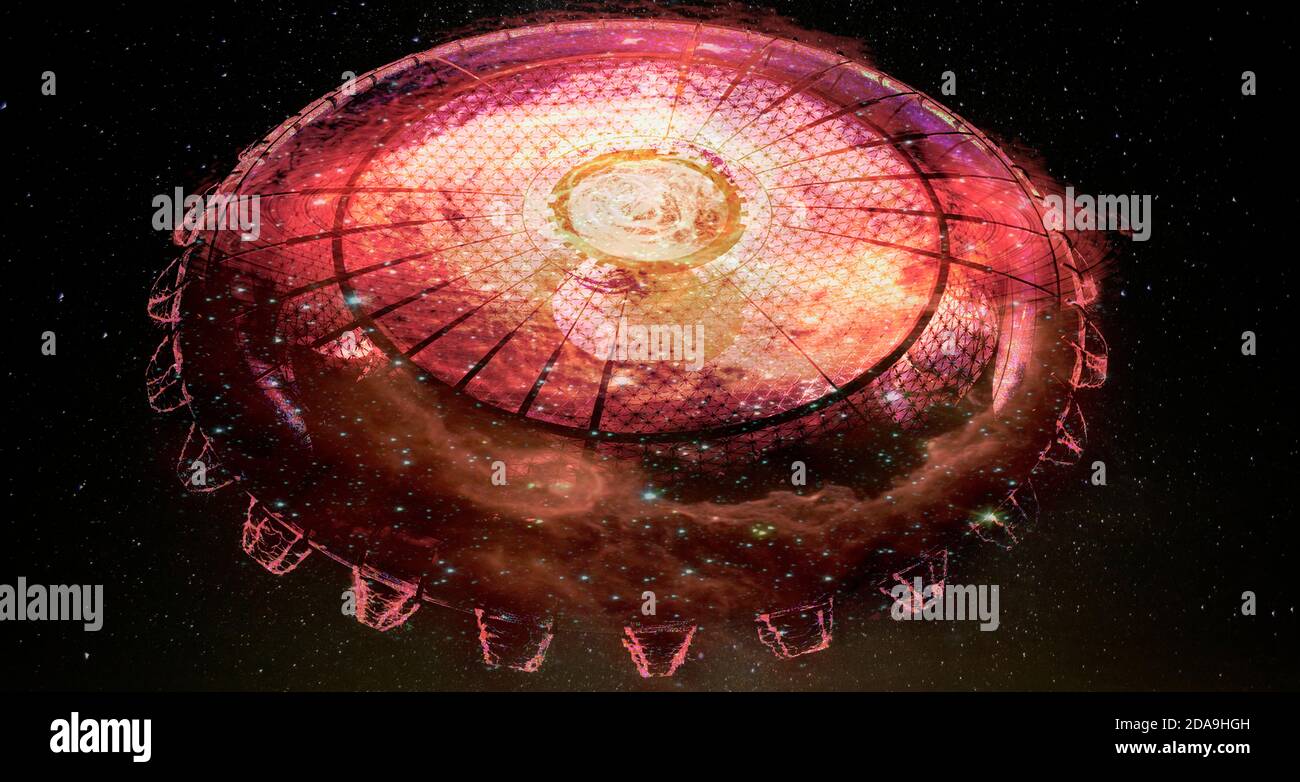 Red unidentified flying object UFO in outer space. Science Fiction image concept of ufology and life out of planet Earth. Elements of this image furni Stock Photo