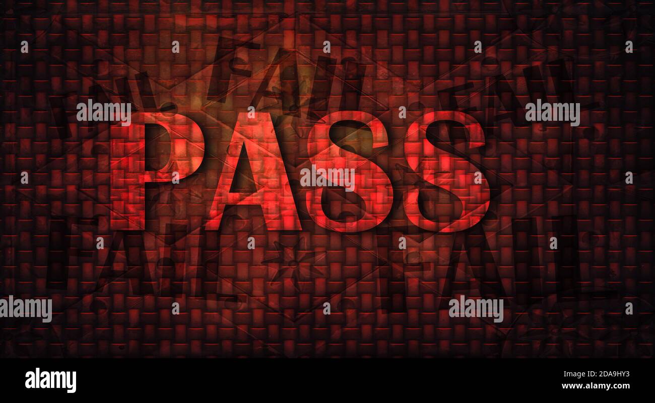 Bold convex 'PASS' stands triumphantly atop dark medieval wall and brilliantly backlit in red and benese smaller, contrasting dark 'FAIL's. 3d render Stock Photo