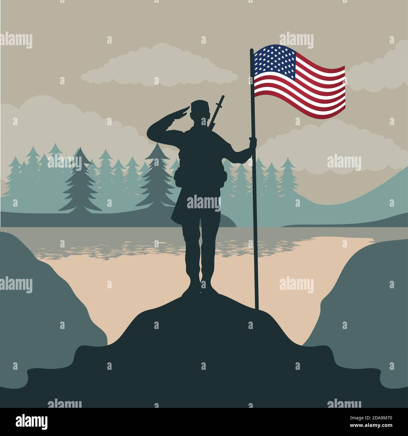 happy veterans day celebration card with soldier saludating usa flag in ...
