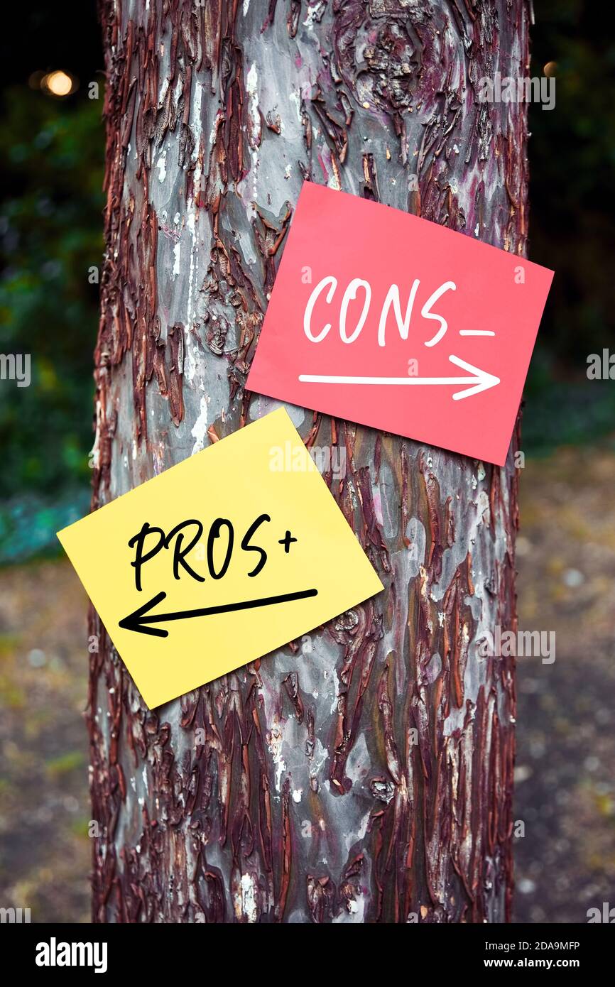 Pros and cons words written on papers on a tree with arrow signs