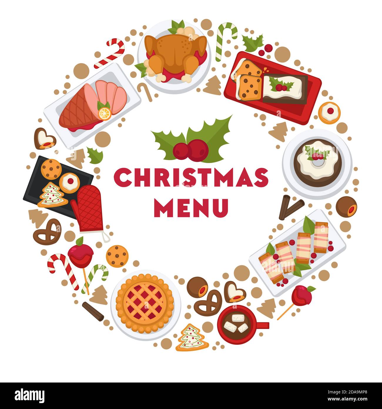 Christmas menu in circle, cafe or restaurant food Stock Vector Image