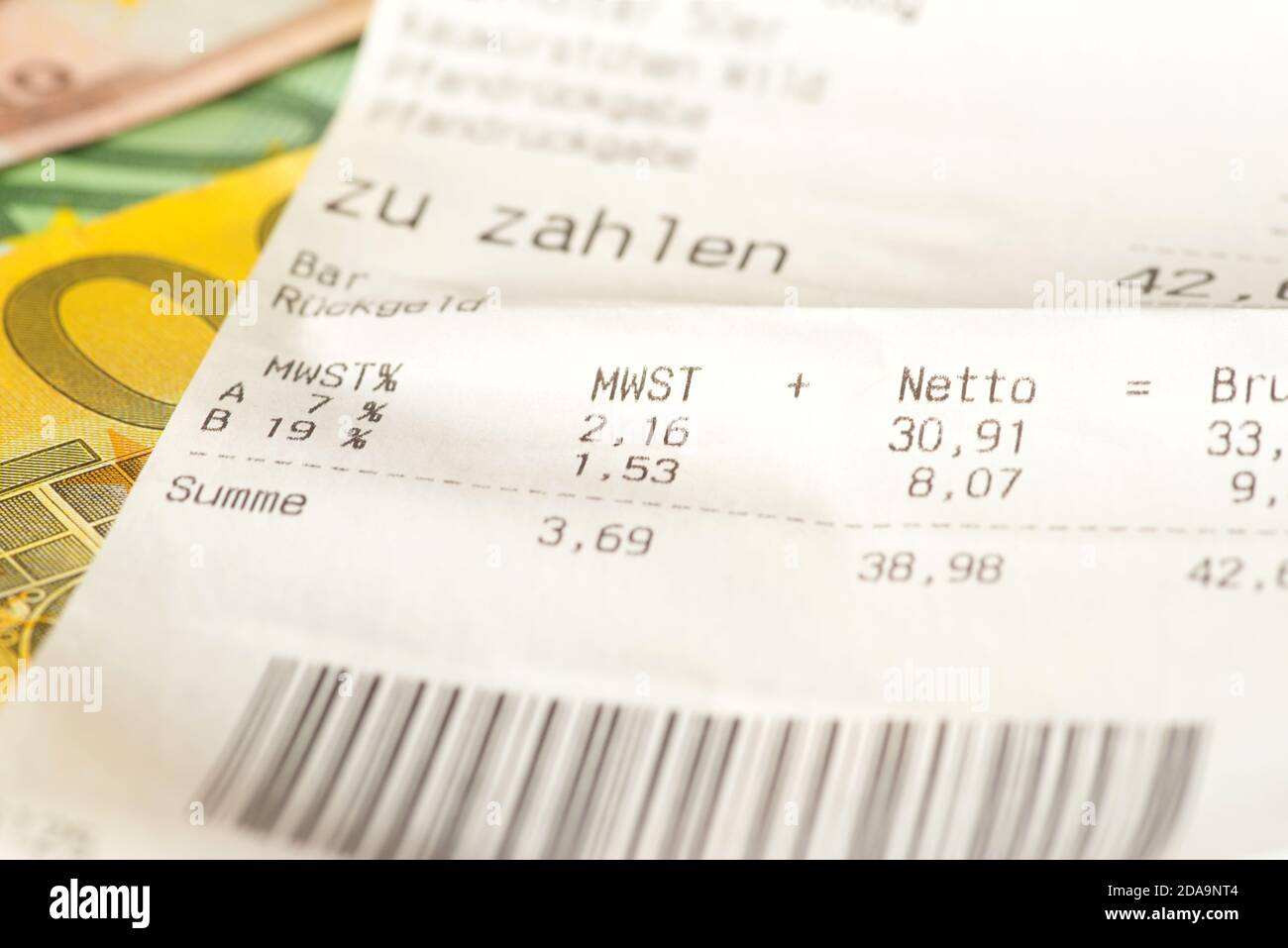 A receipt and euro bills Stock Photo