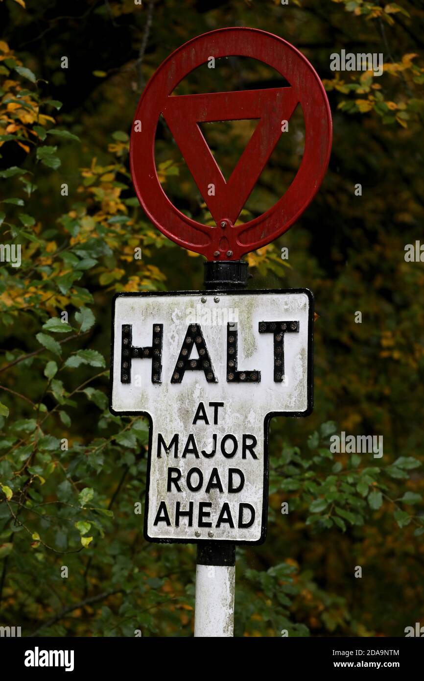 halt at major road ahead sign