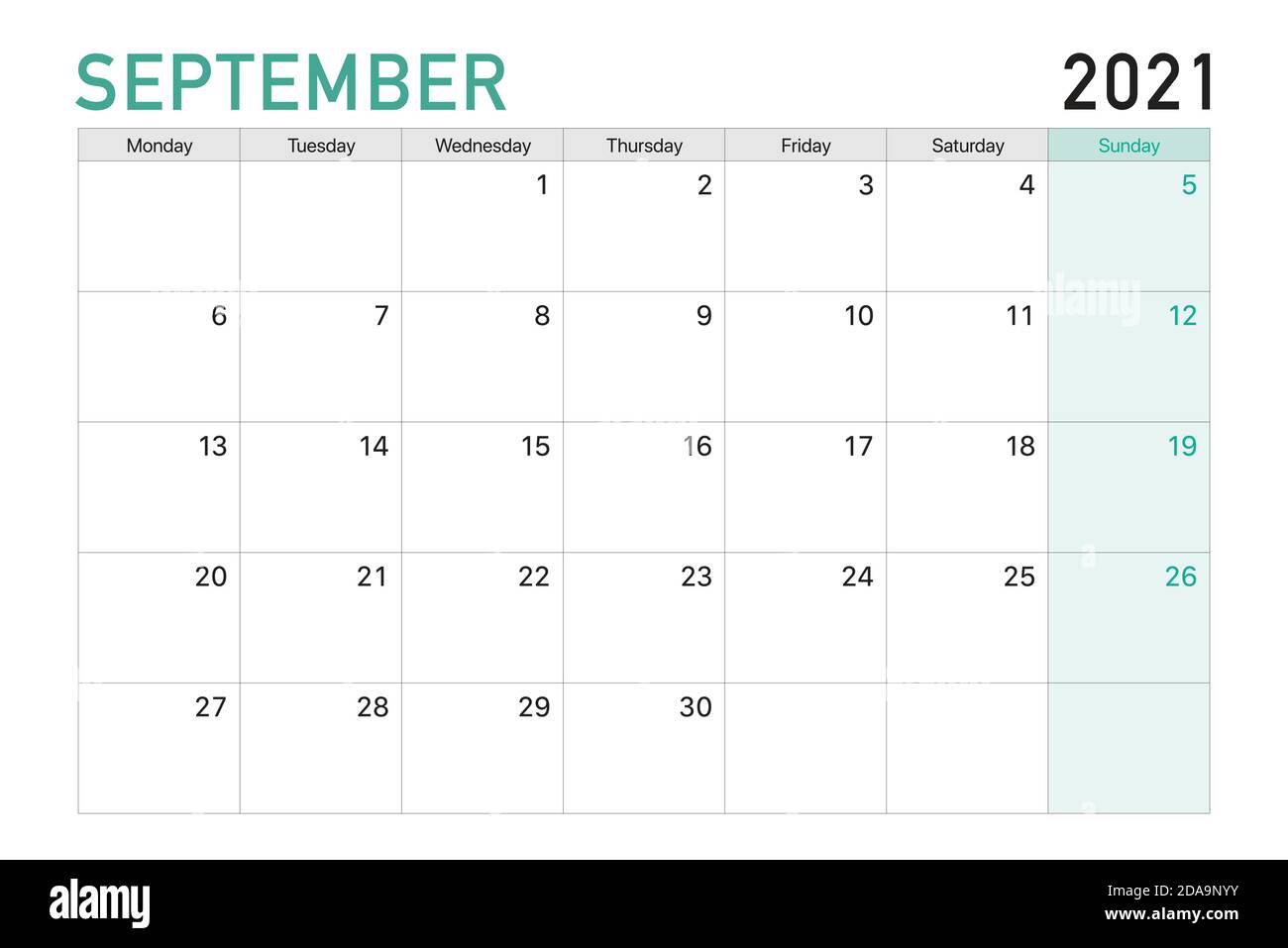 2021 September illustration vector desk calendar weeks start on Monday in light green and white theme Stock Vector
