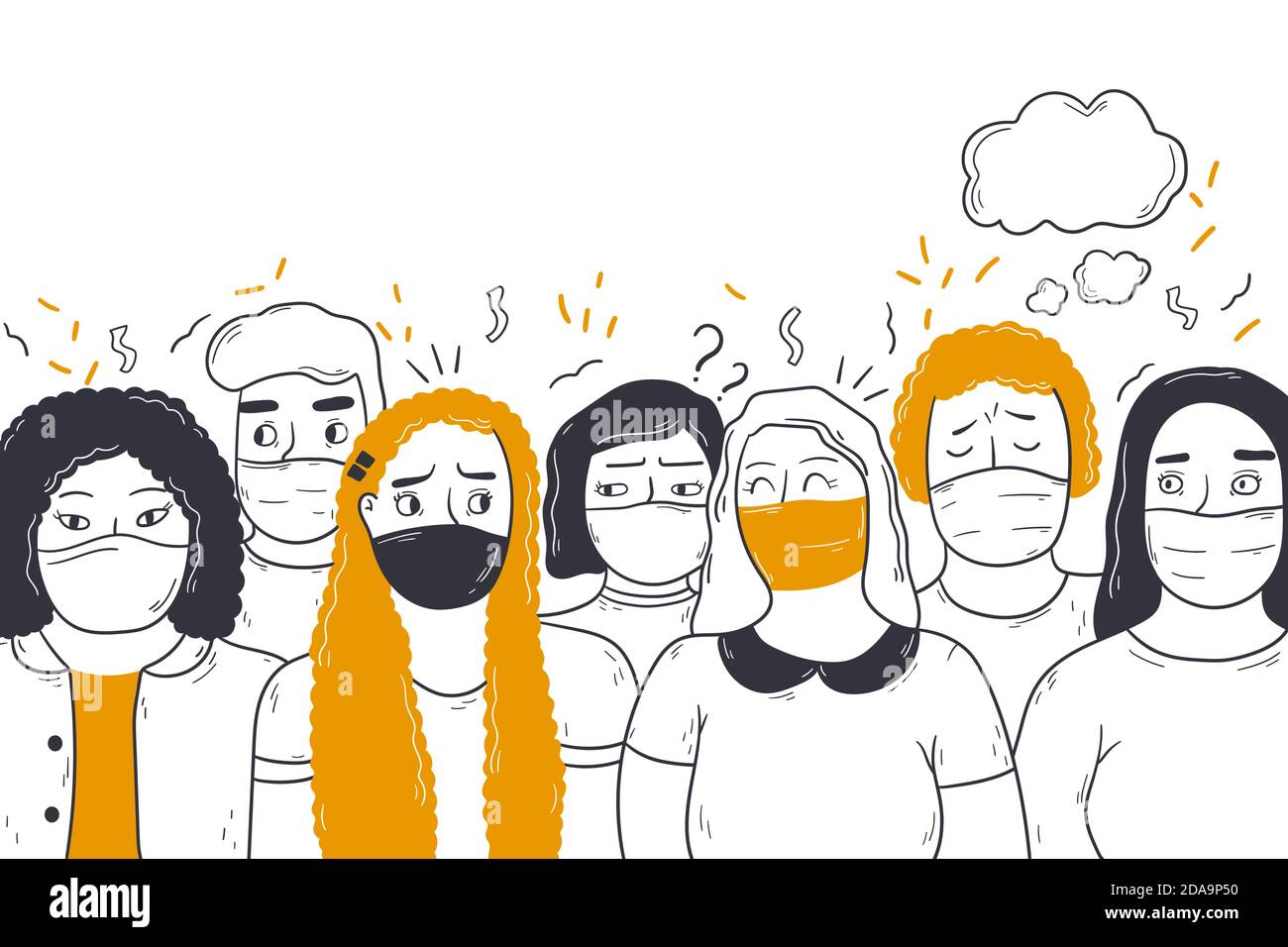 Coronavirus, healthcare, new normal concept. Crowd group of people men women wearing protective medial face mask standing together. Protection from covid19 virus and urban air pollution illustration  Stock Vector