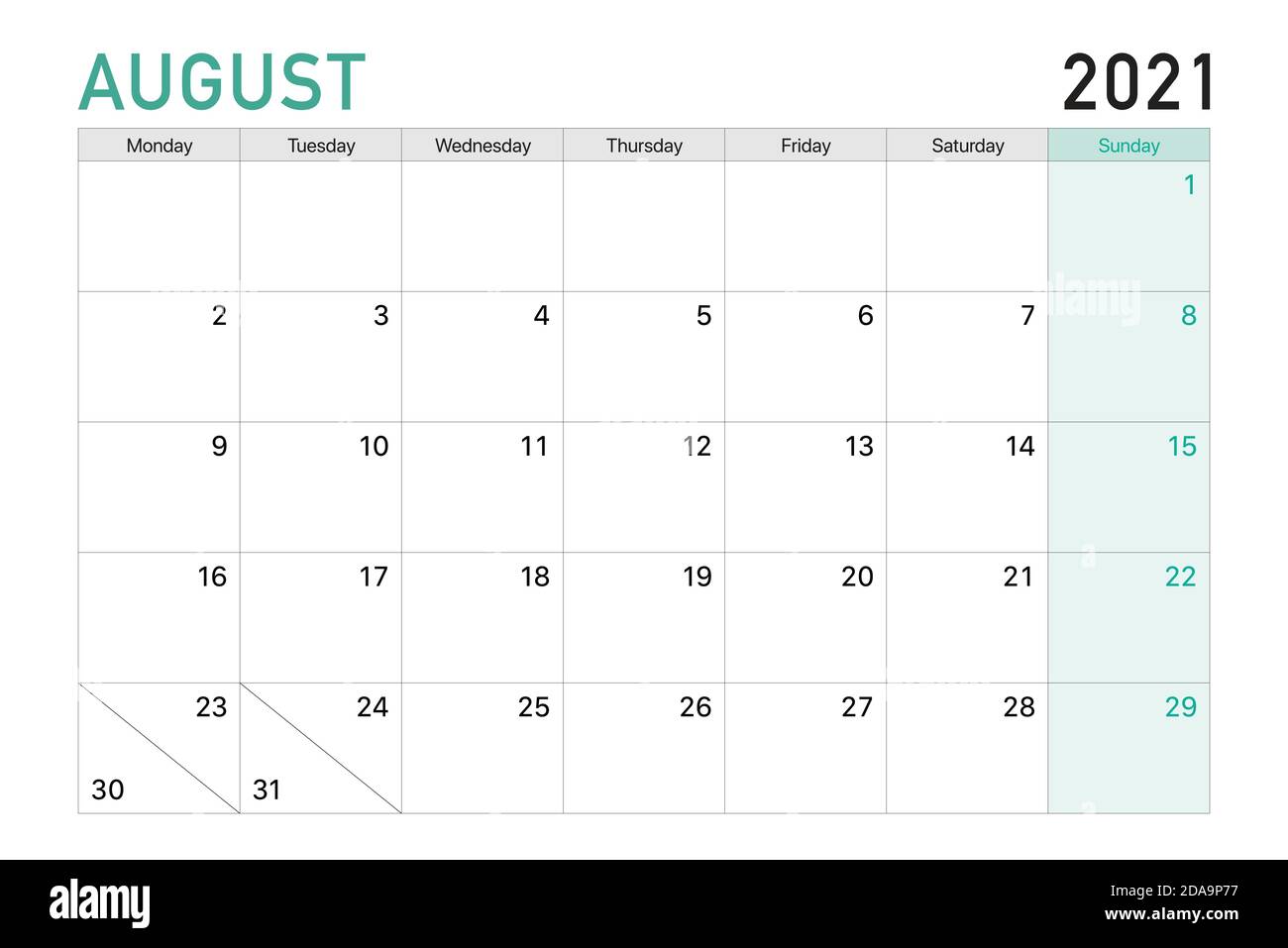 2021 August illustration vector desk calendar weeks start on Monday in light green and white theme Stock Vector