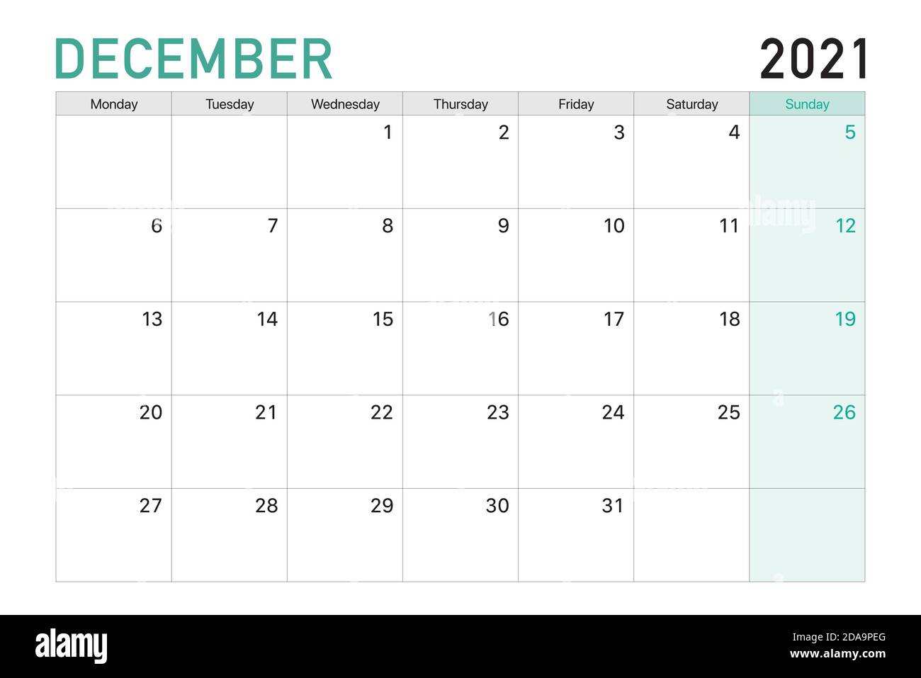 2021 December Illustration Vector Desk Calendar Weeks Start On Monday In Light Green And White Theme Stock Vector Image Art Alamy december 2021 calendar start on monday