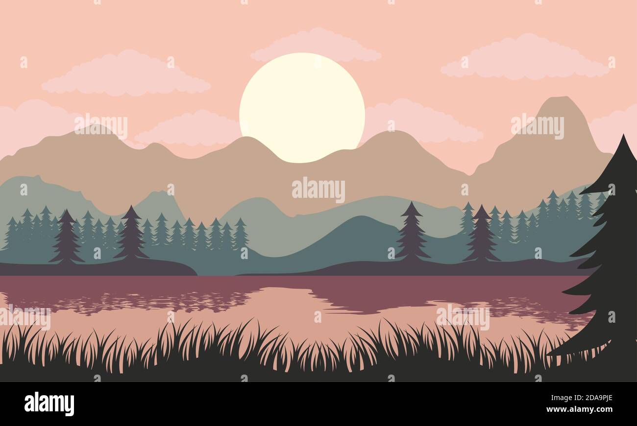 beautiful landscape sunset scene with lake and pines trees vector ...