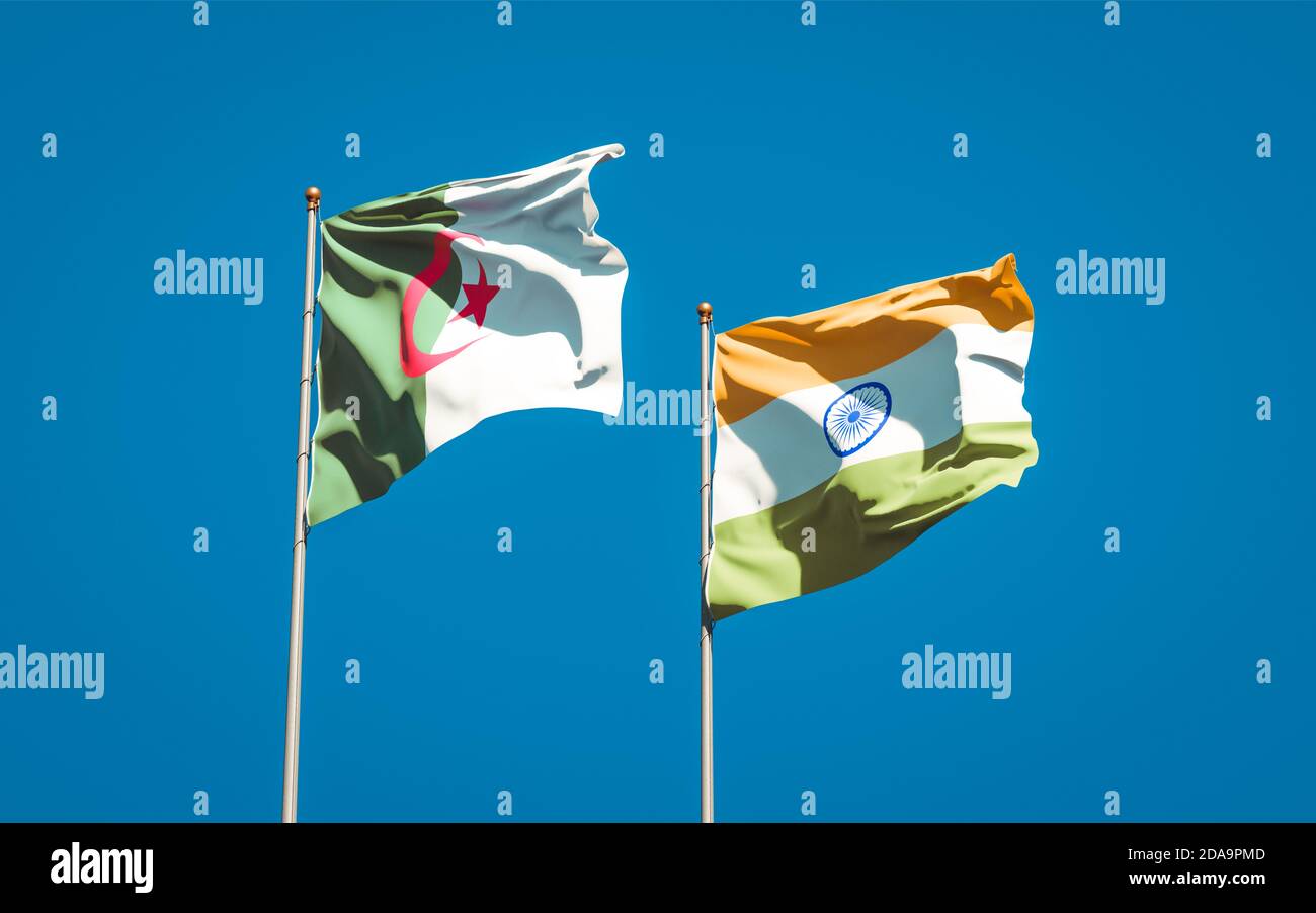 Beautiful national state flags of India and Algeria together at the sky ...