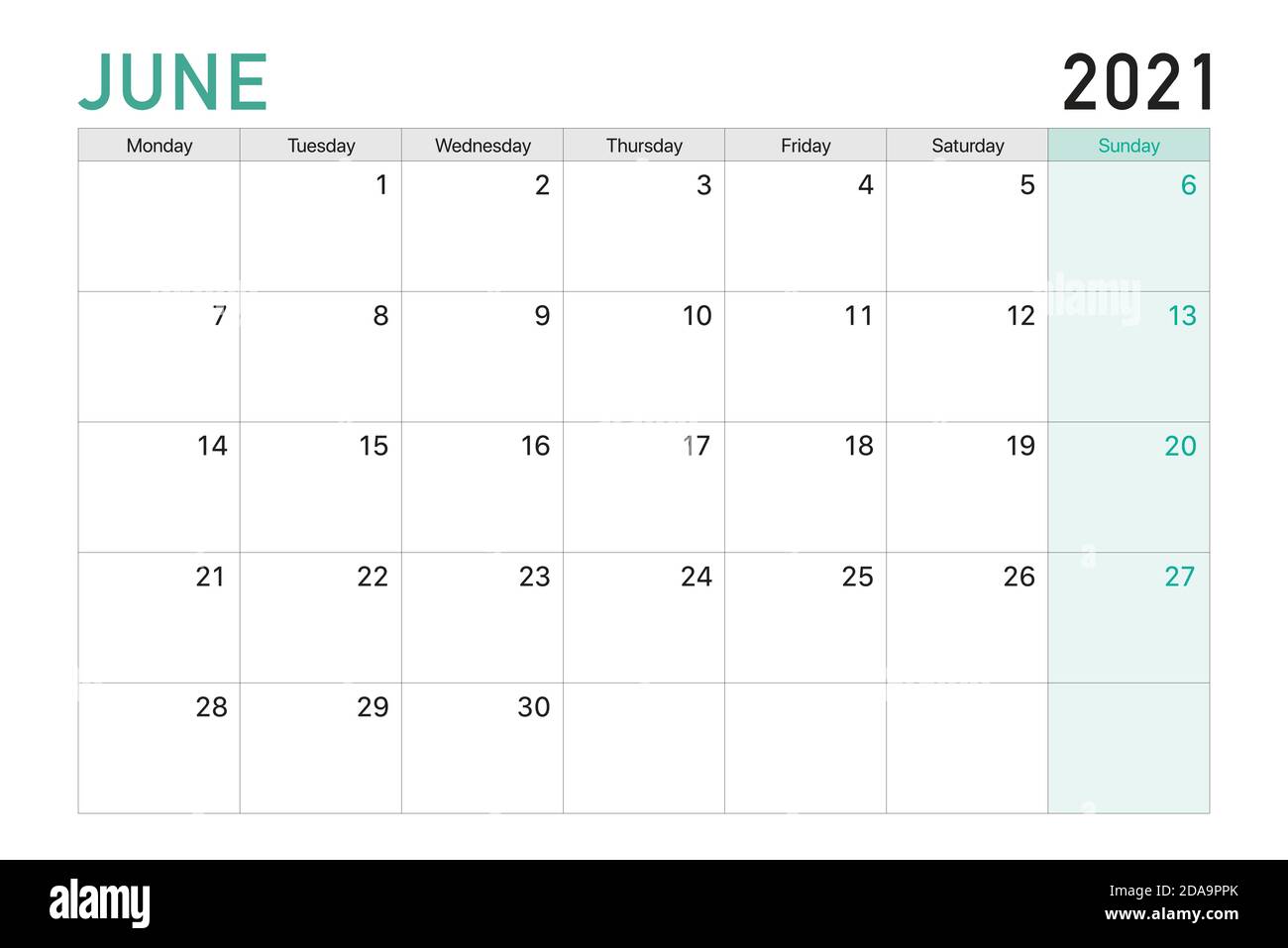 2021 June illustration vector desk calendar weeks start on Monday in light green and white theme