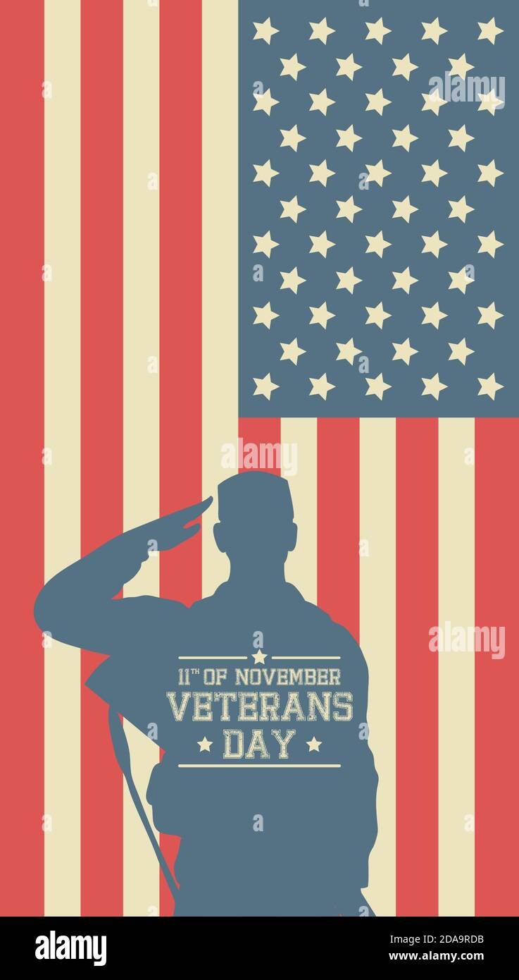 happy veterans day celebration card with soldier saludating in usa flag ...