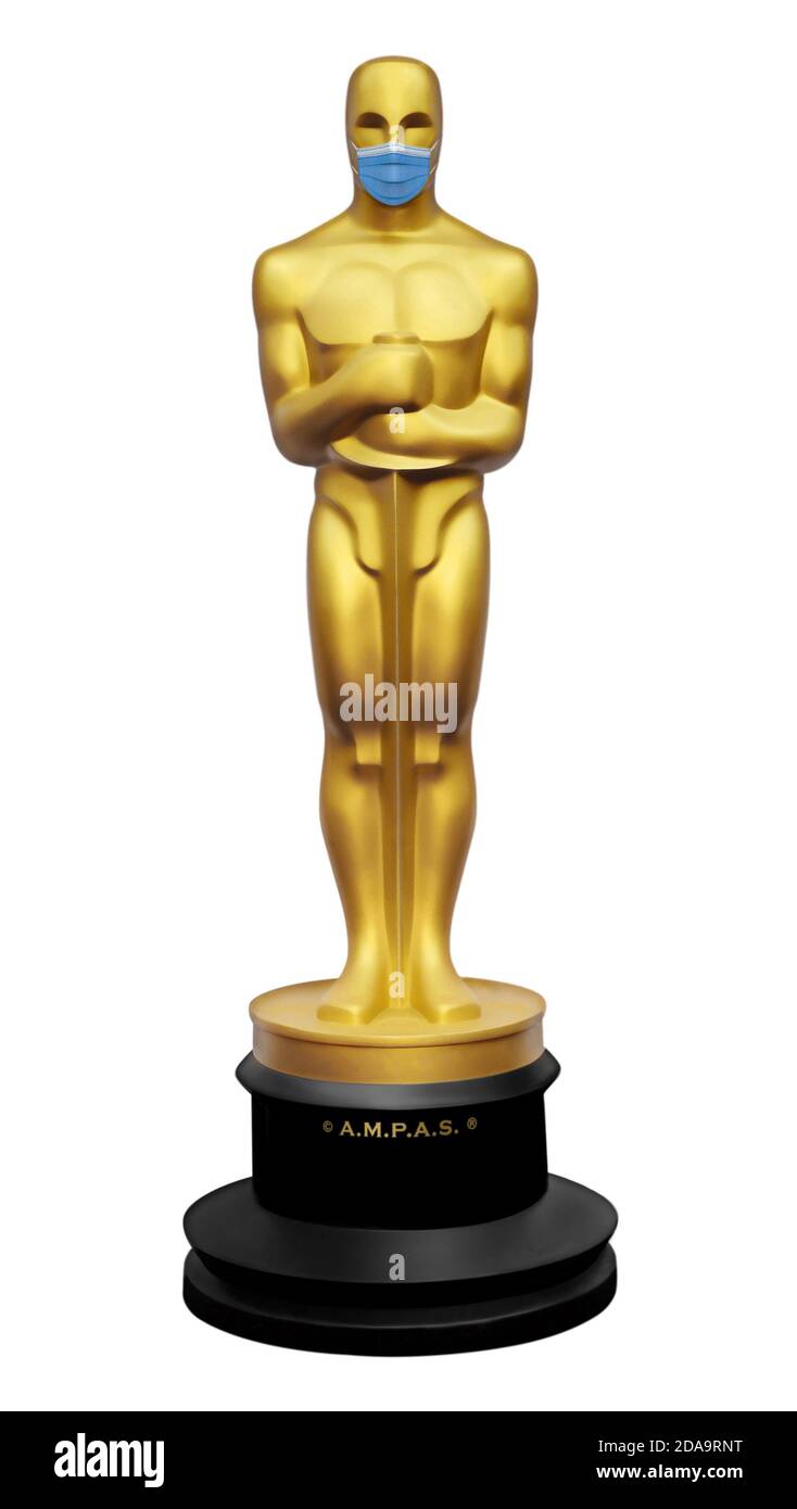 Gold Oscar statue wearing a blue face mask symbolic of the Covid-19 or coronavirus pandemic isolated on white, colored vector illustration Stock Photo