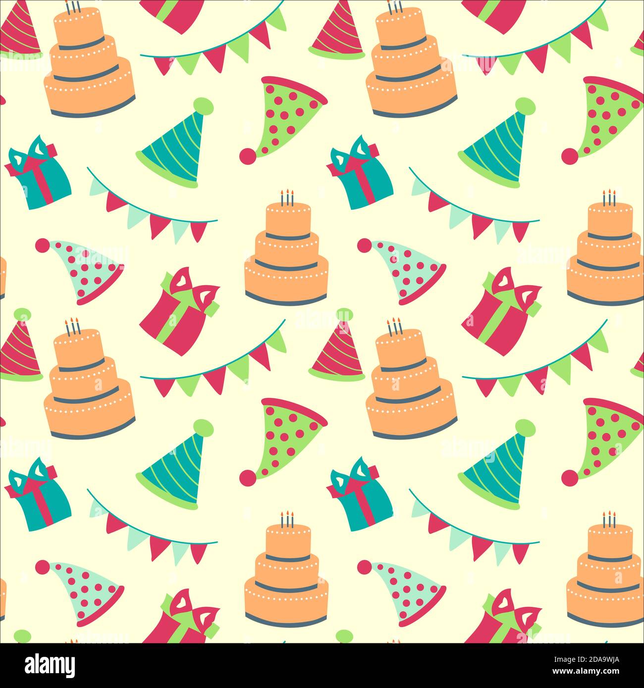 Modern flat vector seamless birthday party pattern with colorful icons ...