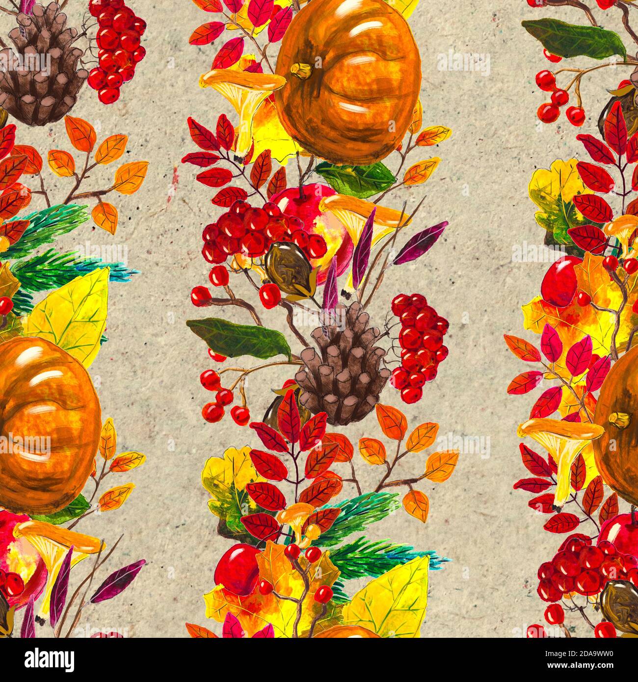 Autumn watercolor hand drawn seamless pattern with leaves mushrooms and ...
