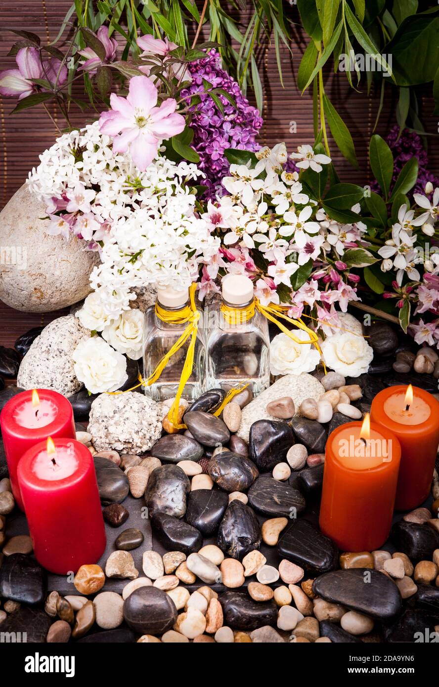 Aromatherapy Spa Beauty Treatment And Wellness Background With Massage Stone Flowers Burning 1595