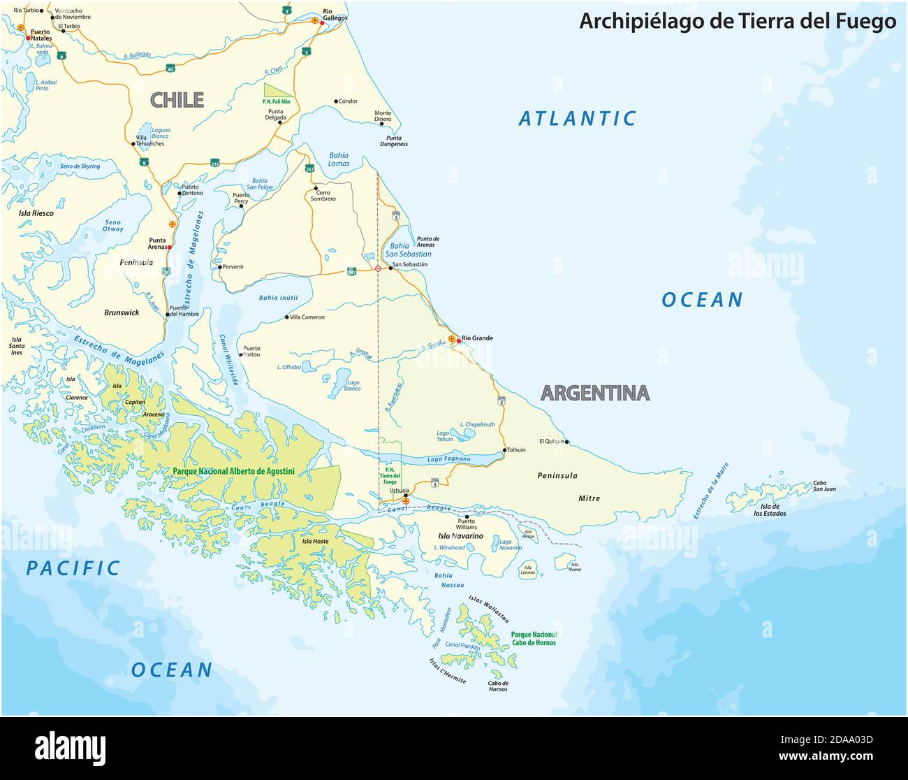 Map of Tierra del Fuego, archipelago at the southern tip of South America Stock Vector