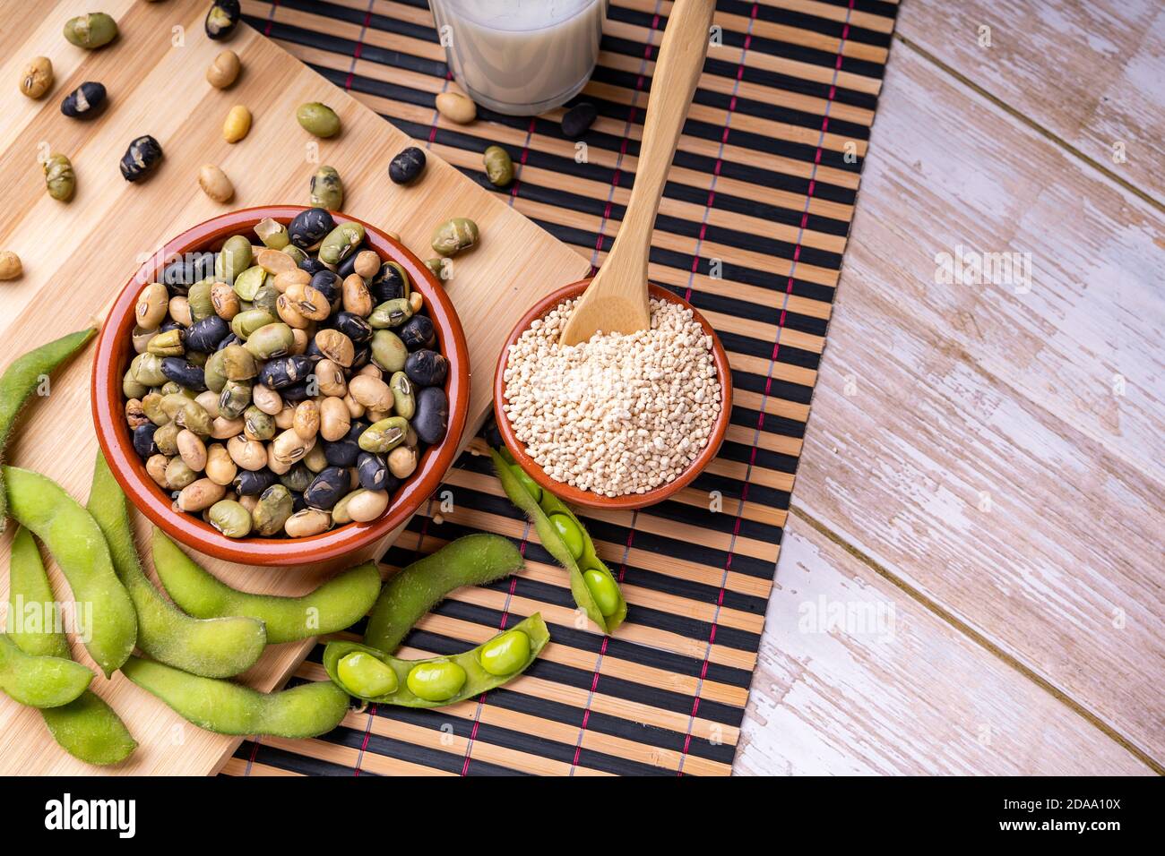 Top view of fresh soybean pods edamame soybeans with granulated soy