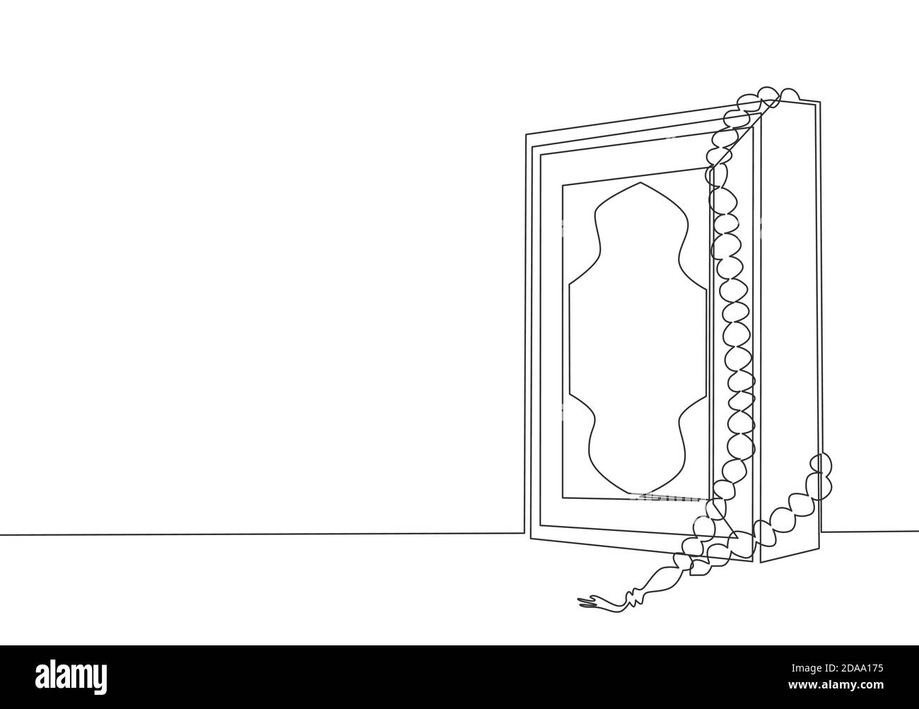 Single continuous line drawing of Quran holy book of muslim person and ...