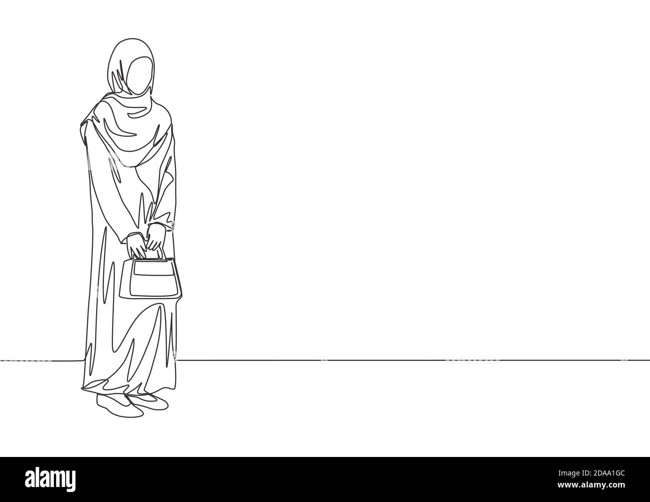 One continuous line drawing of young attractive muslimah with ...