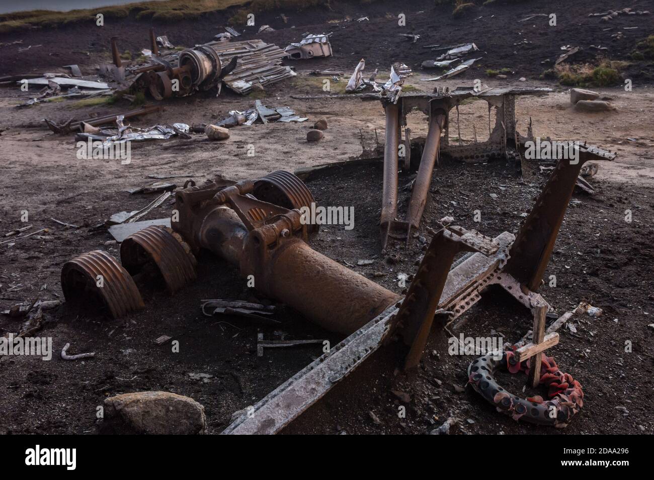 The wreckage of the Bleaklow Bomber. On 3 November 1948, USAF Boeing RB-29A Superfortress 44-61999, of the 16th Photographic Reconnaissance Squadron, Stock Photo