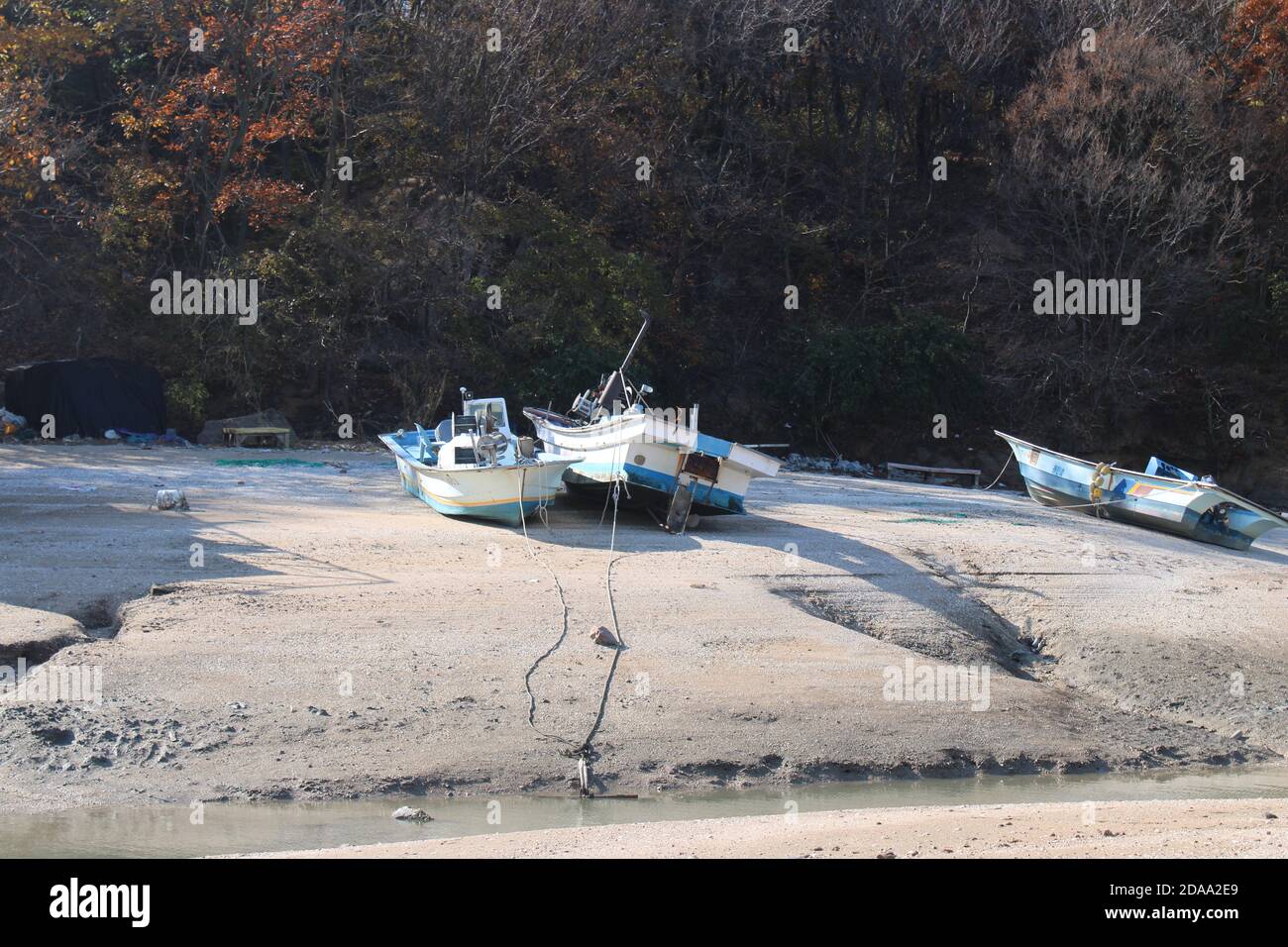 Fishing boats beached in low tide Stock Photo